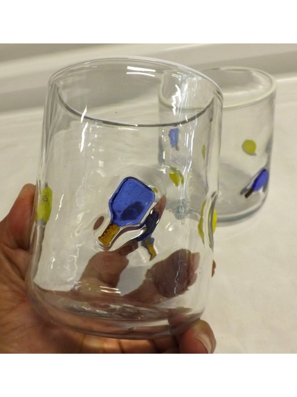 Anthropologie Pickleball Icon Juice 2 Glasses Handmade Glass Raised Paddle Ball - Picture 6 of 9